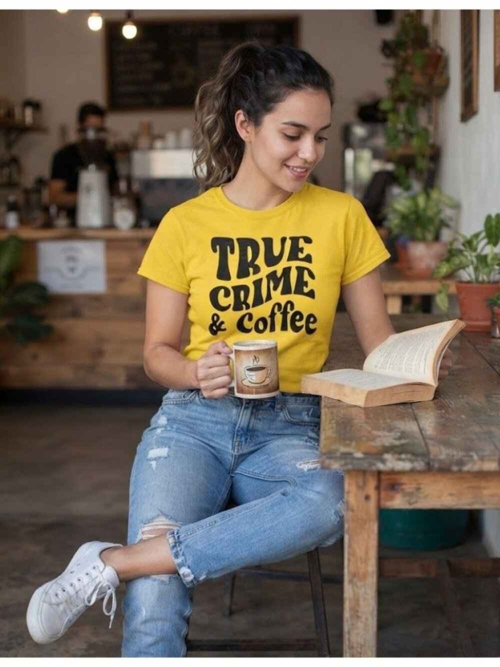 True Crime & Coffee Graphic Yellow T-Shirt Large  Heavy Cotton Unisex